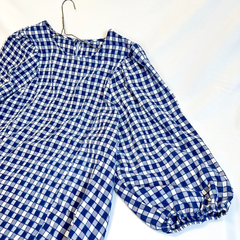 Blue White Gingham Cottagecore Puff Sleeve Blouse Top Large Oversized or XL - Picture 3 of 10